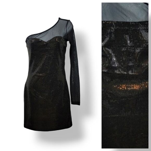 Forever 21 Sheer Mesh One Shoulder Sequin Little Black Dress Size Small - Picture 8 of 8